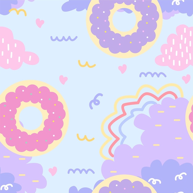 Vetor donuts adoráveis e nuvens pastel fundo sem costura