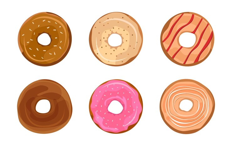 Vetor donuts com diferentes esmaltes e salpicaduras frutas de chocolate e esmaltes de caramelo bolinhos doces