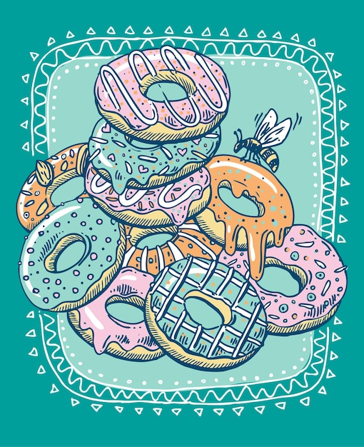 Donuts de ilustração vetorial desenhados à mão