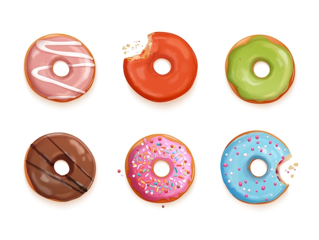 Donuts vista superior Donut realista com cobertura colorida salpicaduras redondas bolo doces sobremesas 3d isolado mordido donut esmalte multicolorido decoração ilustração vetorial exata
