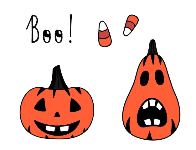 Doodle abóboras de halloween isoladas. abóboras assustadoras desenhadas à mão, doces. adesivos vetoriais de halloween