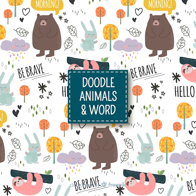 Doodle animais e palavras padrão