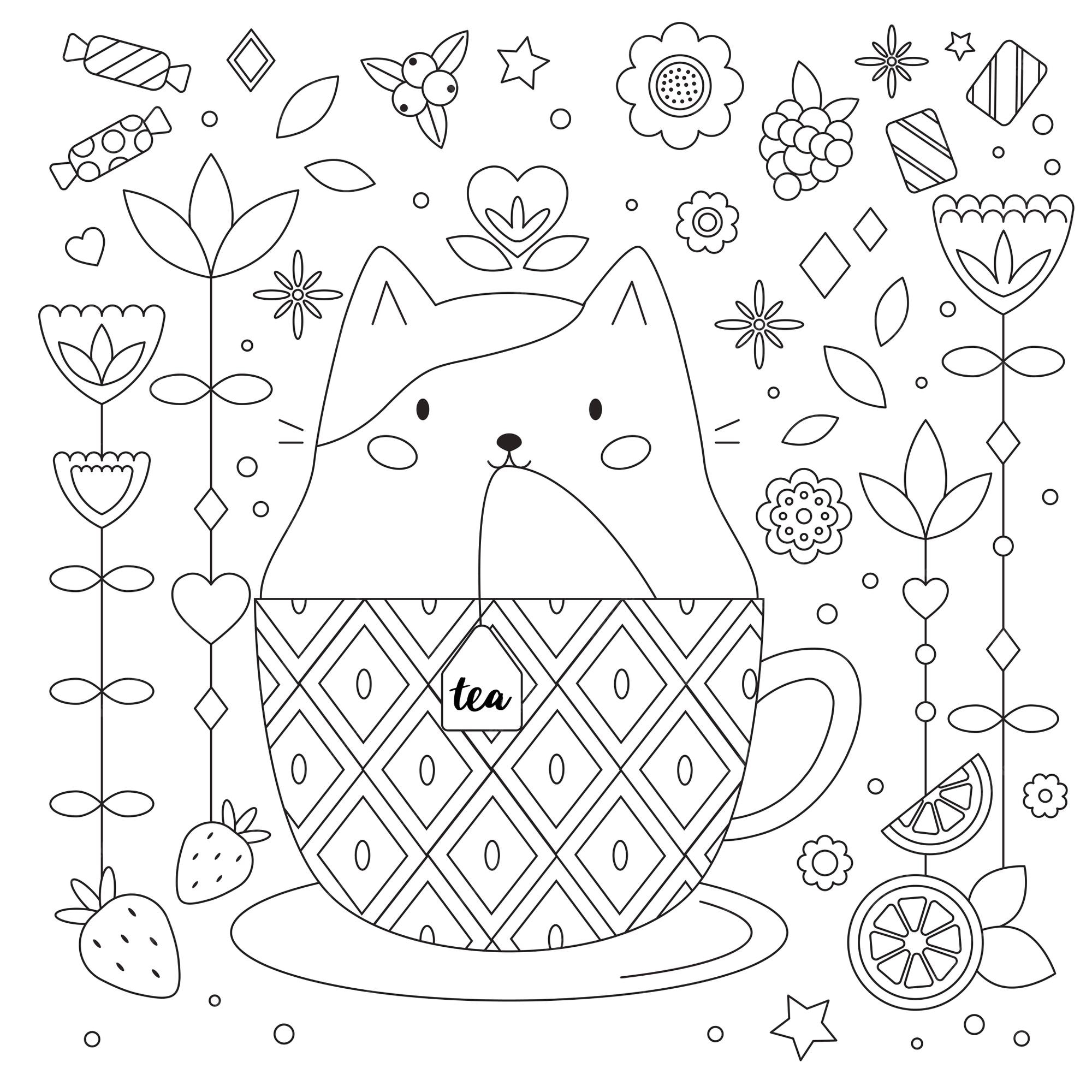 xícara e bule com padrões, página para colorir anti-estresse para