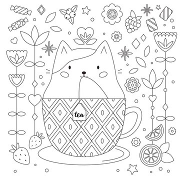 doodle antistress para colorir com gato no copo. flores abstratas, frutas e  doces. gatinho kawaii dos desenhos animados. delinear a ilustração em vetor  preto e branco. hora do chá. livro de colorir