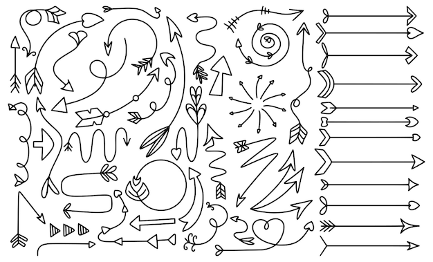 Doodle Arrows Bundle de esboços desenhados à mão isolados em fundo branco Elementos rabiscados