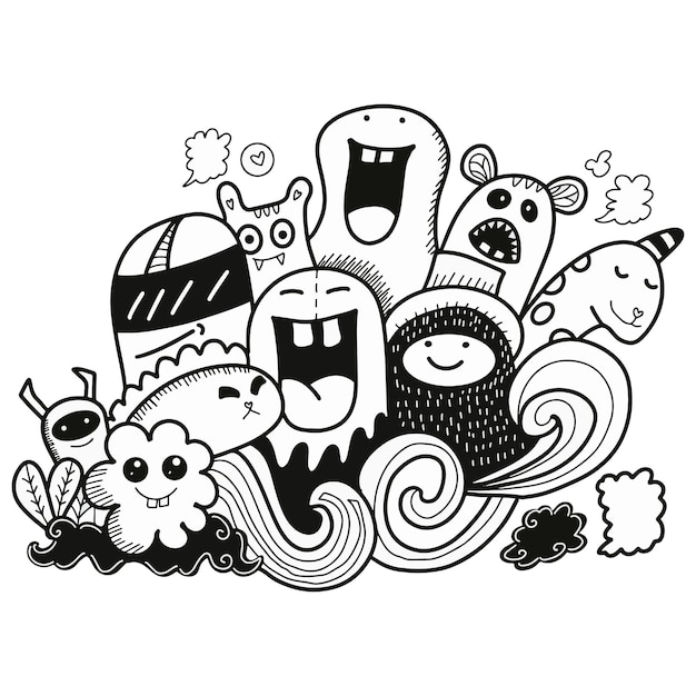 Doodle art cartoon desenhado à mão Arte vetorial engraçada Design de identidade corporativa monstro