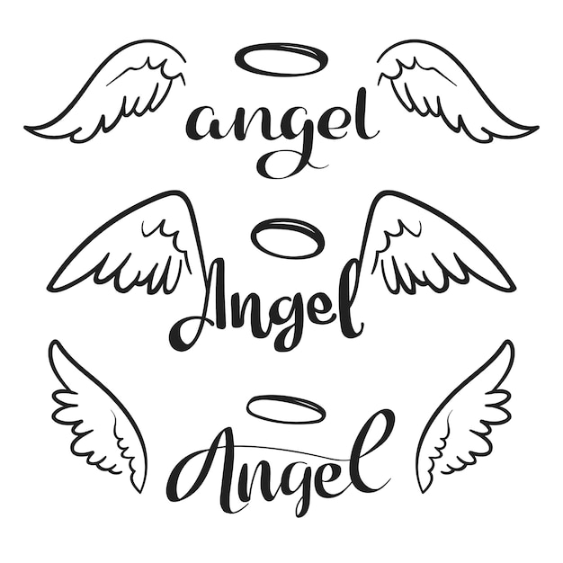 Vetor doodle asas de anjo voador com auréola. esboce asas angelicais. liberdade e tatuagem religiosa vector design isolado