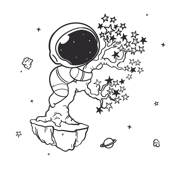 Doodle astronauta escala árvore estelar no espaço