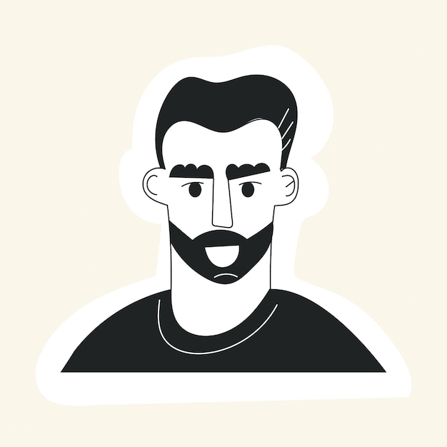 Vetor doodle avatar de rosto de homem com barba de bigode e corte de cabelo adesivo de retrato de cara hipster com cabelo na moda ilustração vetorial plana preto e branco desenhada à mão rosto de homem barbudo de moda