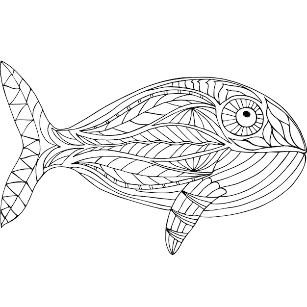 Doodle baleia Decoração desenhada à mão peixe grande Página para colorir para crianças e adultos