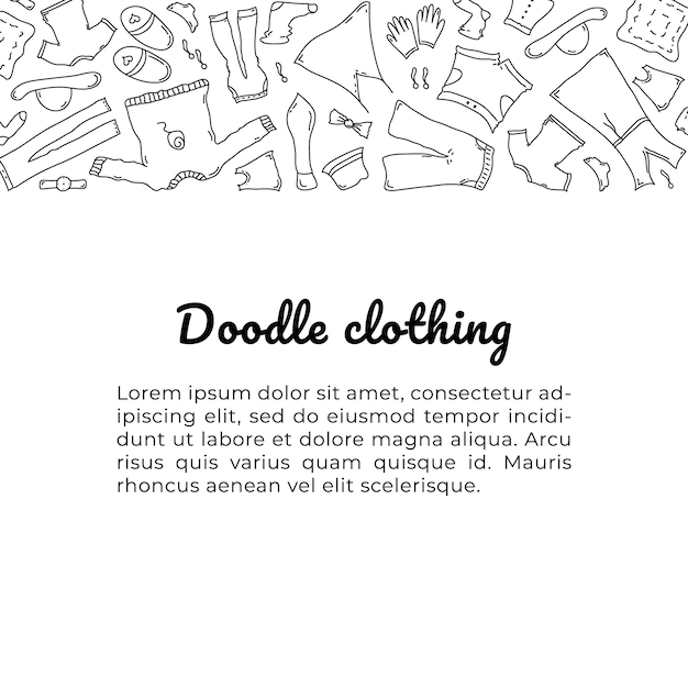 Doodle banner com roupas moda objetos desenhados à mão símbolos e itens composição quadrada com texto