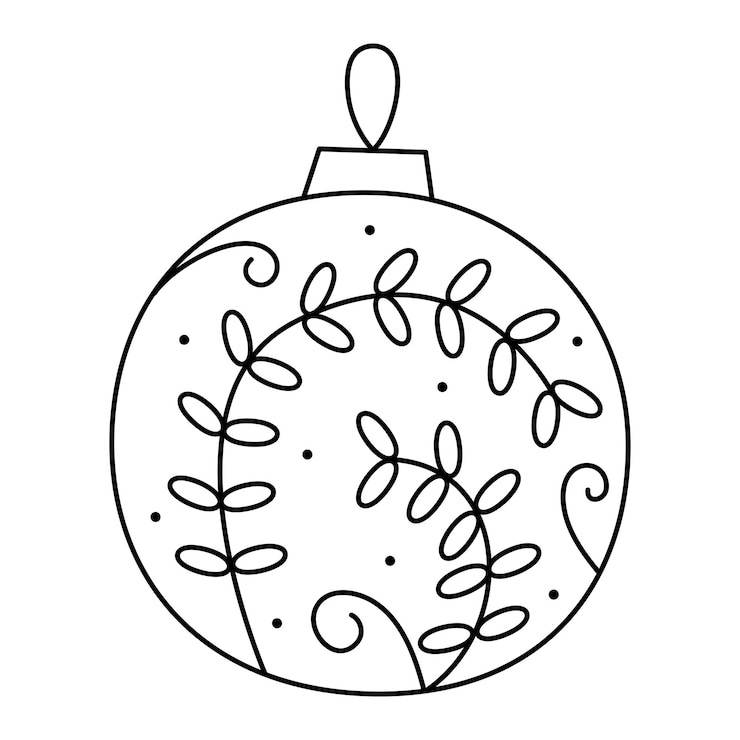 Vetor doodle bola de natal com um padrão de ramos e folhas vector ilustração clipart preto e branco