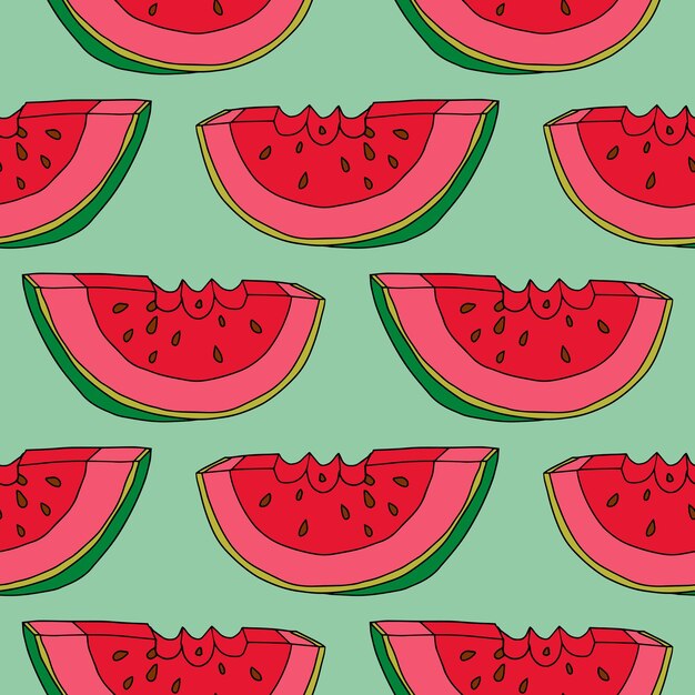 Doodle bonito dos desenhos animados mordido fatia de padrão sem emenda de melancia. Fundo de frutas.