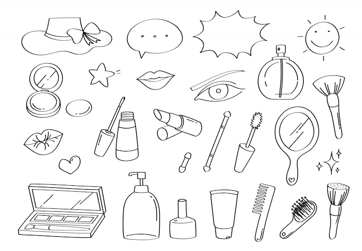 Doodle bonito maquiagem beleza e moda dos desenhos animados ícones e objetos.