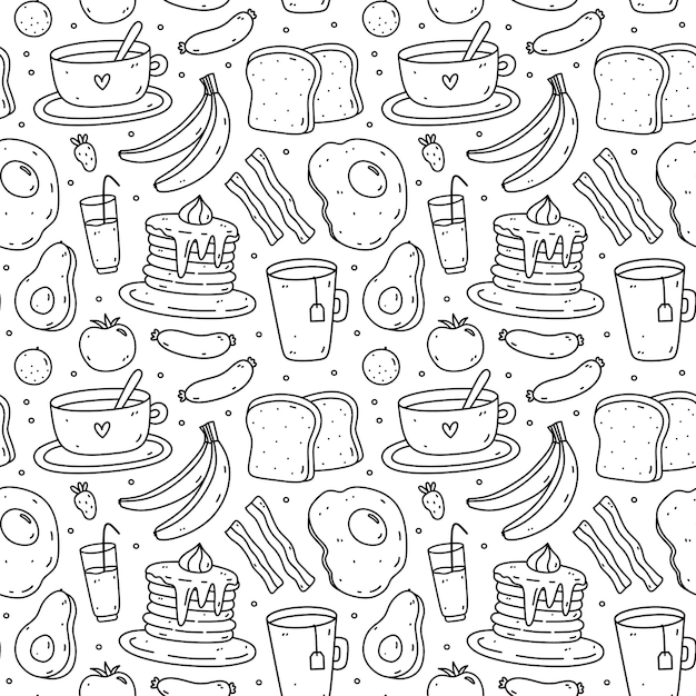 Doodle bonito padrão perfeito com comida de café da manhã ovos fritos bacon torradas café abacate panquecas