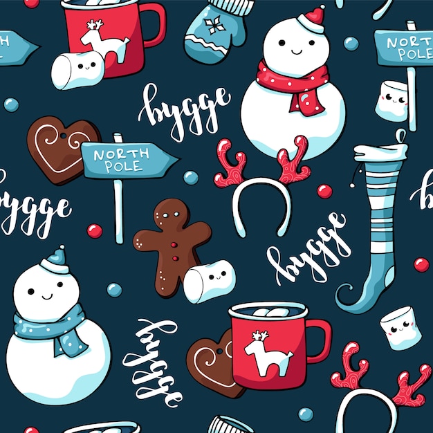 Doodle bonito padrão sem emenda de Natal em estilo escandinavo