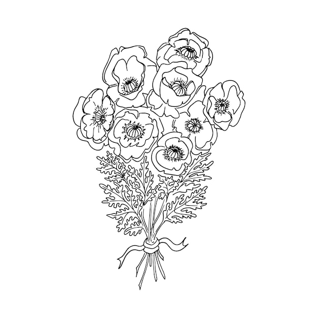 Doodle botânico bouquet de papoula preto e branco esboço desenhado à mão ilustração vetorial