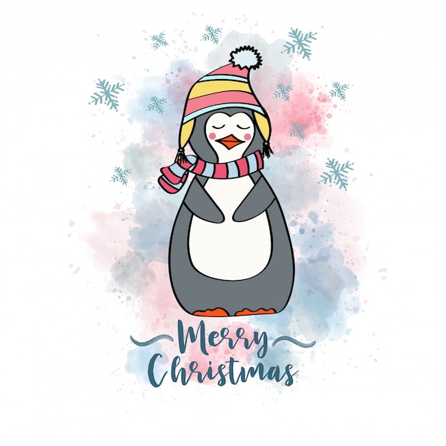 Doodle cartão de natal com pinguim vestido