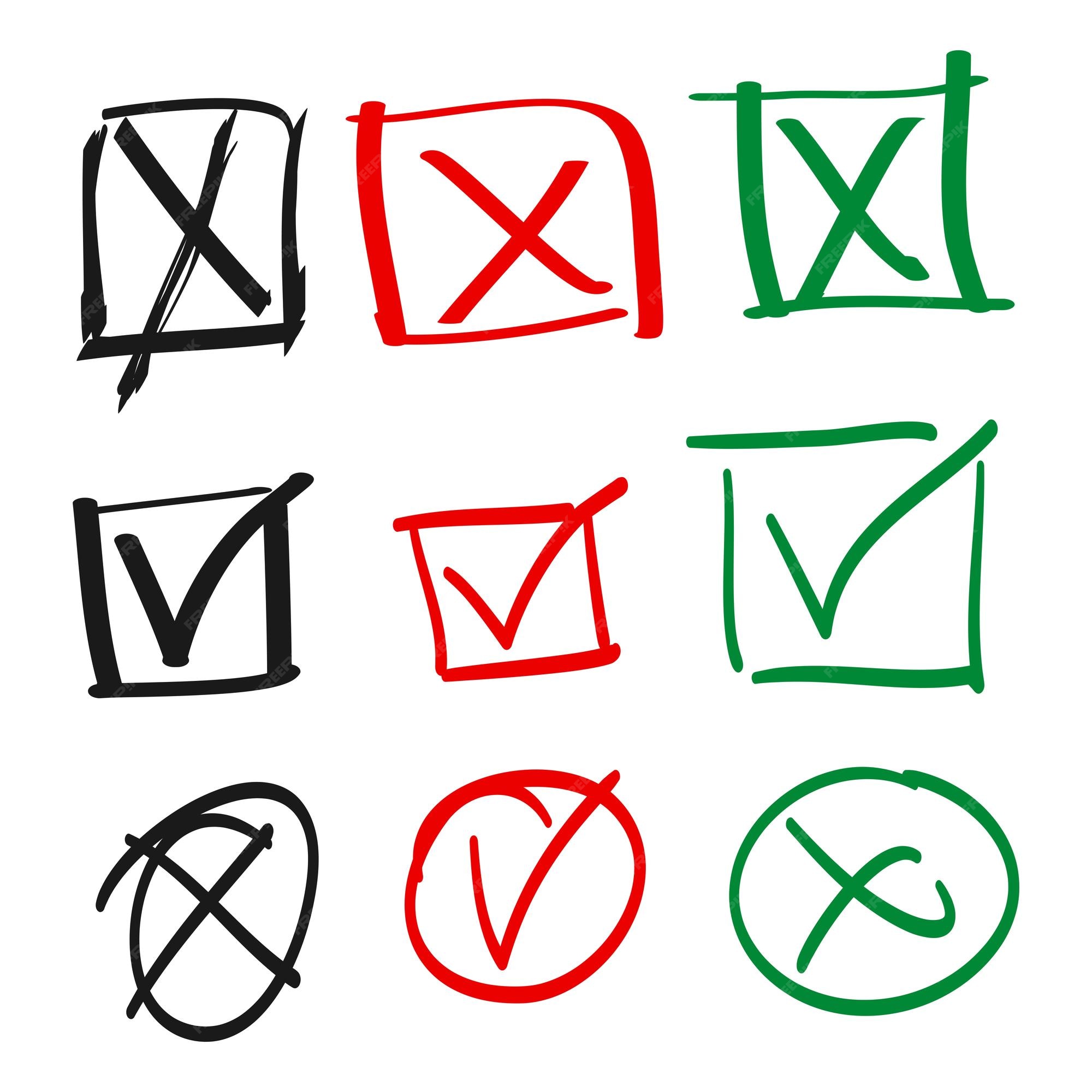 Doodle check mark e cross mark icon set check list símbolo carrapato sinais  ilustração vetorial