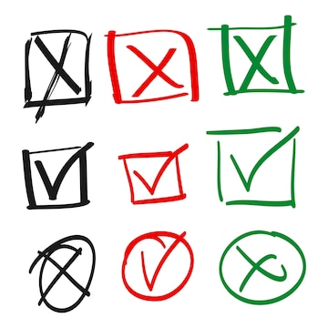 Doodle check mark e cross mark icon set check list símbolo