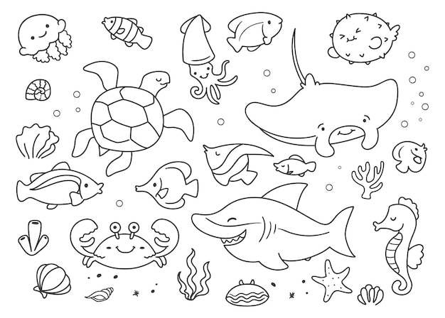 Vetor doodle clipart de animais marinhos