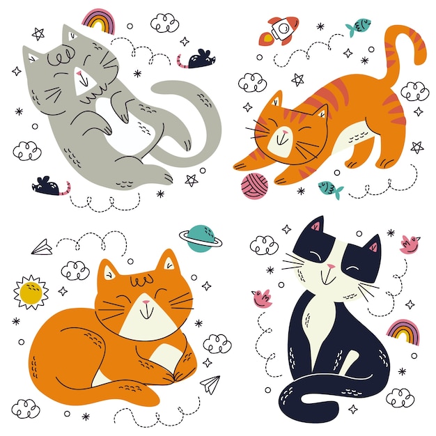 Doodle coleção de adesivos de gato desenhados à mão