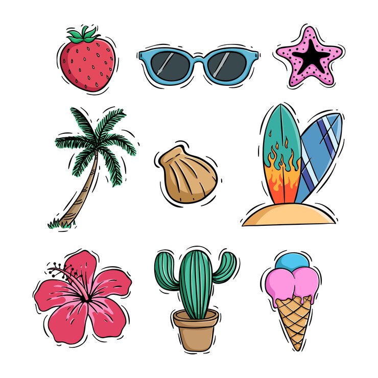 Vetor doodle coleção de ícones de verão com sorvete de coco e cacto