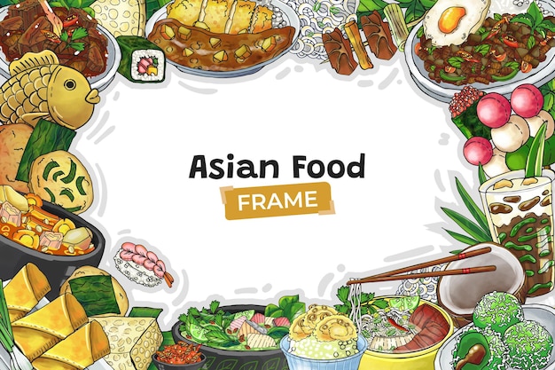 Doodle colorido desenhado à mão moldura de comida asiática