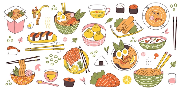 Doodle comida tradicional deliciosa da cozinha japonesa asiática. conjunto de ilustração de vetores de pratos chineses, coreanos, japoneses de arroz, macarrão, peixe e carne. comida de cozinha oriental