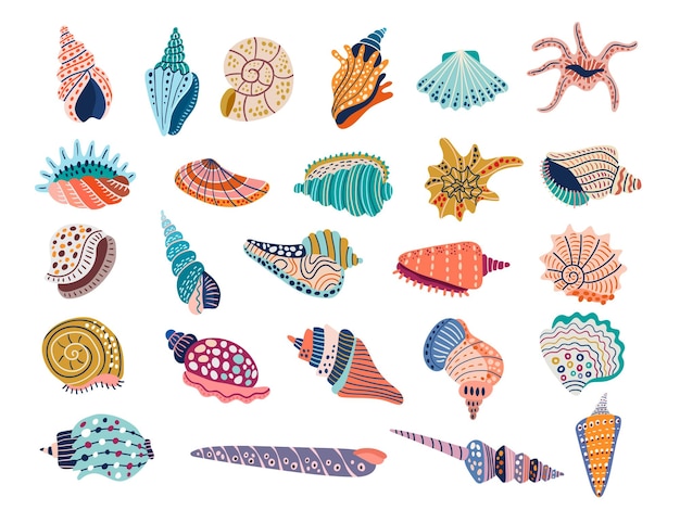 Doodle concha marinha Ilustrações vetoriais estilizadas coloridas de conchas marinhas Imagens recentes isoladas