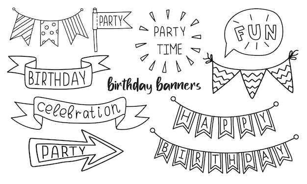 Doodle conjunto com sinais e banners de férias