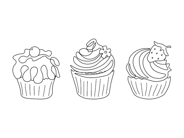 Doodle conjunto de cupcakes pretos e brancos bolos doces para o feriado