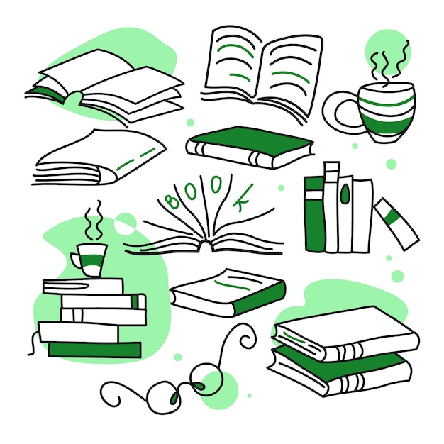 Vetor doodle conjunto de desenho de mão de livros tempo para ler e relaxar