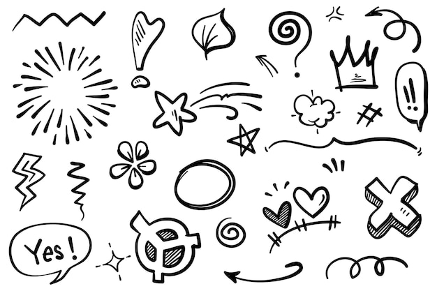 Doodle conjunto de desenhos animados desenhados à mão expressão sinal Doodle curva set de flechas direcionais emoticons efeitos de design elementos personagens de desenho animado símbolos de emoção lindos linhas de pincel decorativo
