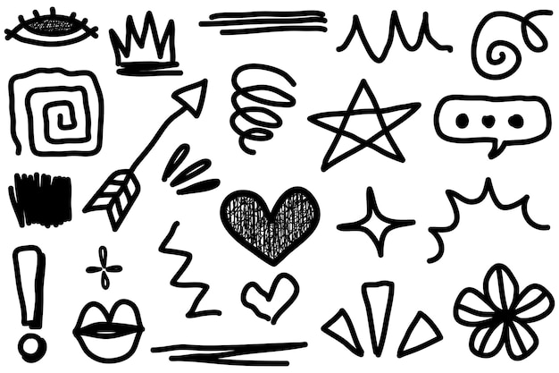 Doodle conjunto de desenhos animados desenhados à mão expressão sinal Doodle curva set de flechas direcionais emoticons efeitos de design elementos personagens de desenho animado símbolos de emoção lindos linhas de pincel decorativo
