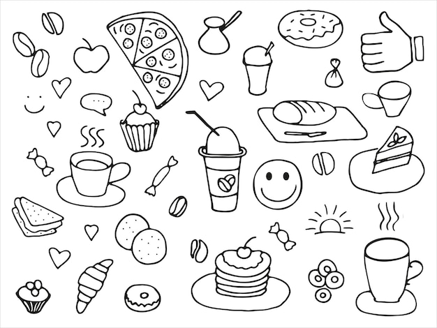 Doodle conjunto de desenhos de café esboços feitos à mão Conjunto de vetores de rabiscos de fast food de comida e bebida