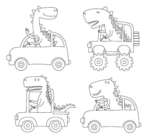 Vetor doodle conjunto de dinossauros fofos andando de carro.