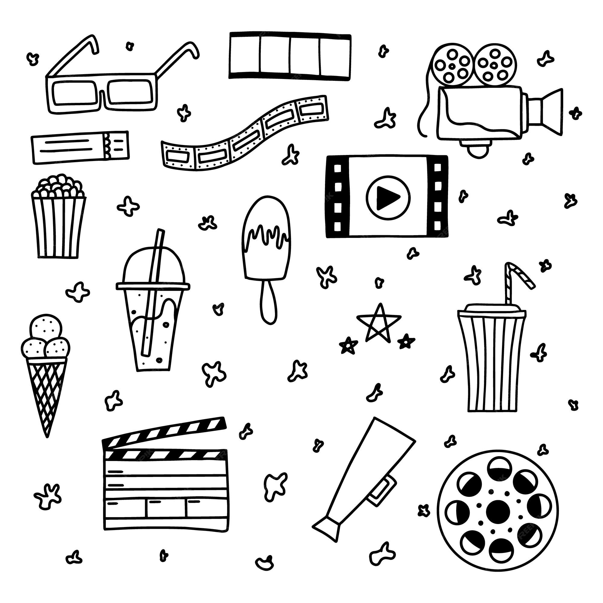 Conjunto desenhado à mão de elementos de filme de doodle de filme de cinema  no estilo de desenho