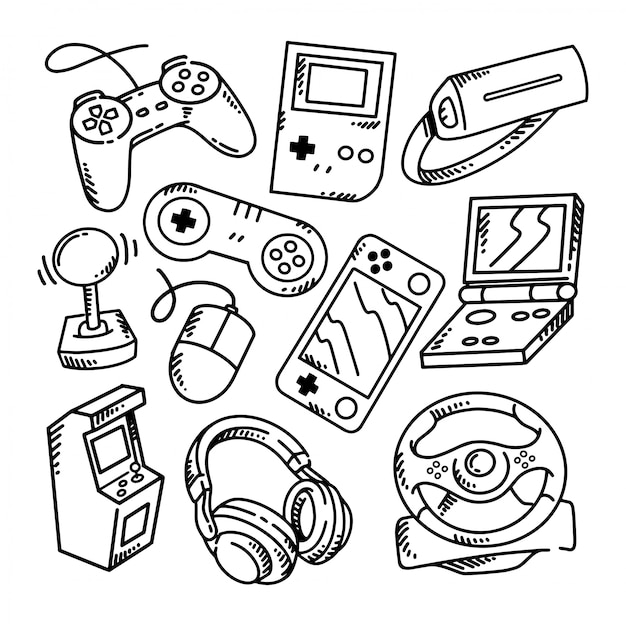 Conjunto de ilustração de doodle de videogame