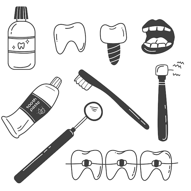 Doodle conjunto de instrumentos dentários, coisas higiênicas e dente nas cores brancas e pretas.