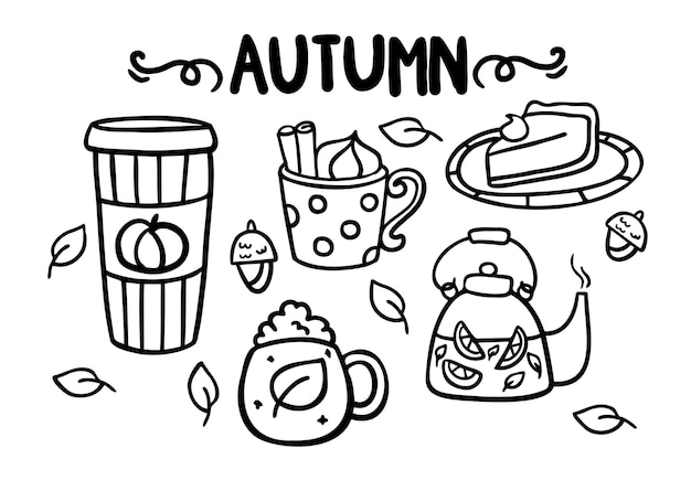 Doodle conjunto de outono xícaras de chá desenhadas à mão desenho de criança de design minimalista à mão livreisolado