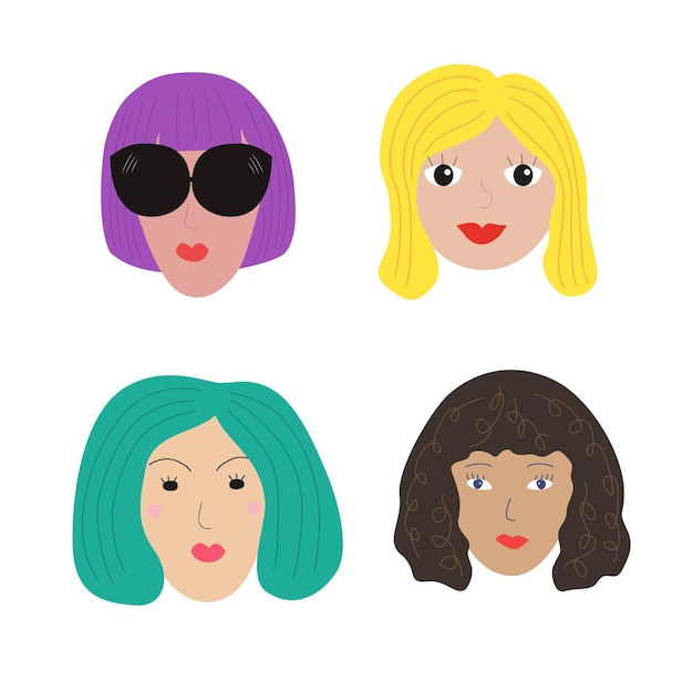 Doodle conjunto de rostos de rostos desenhados à mão de mulheres retratos de diferentes mulheres e meninas modernas
