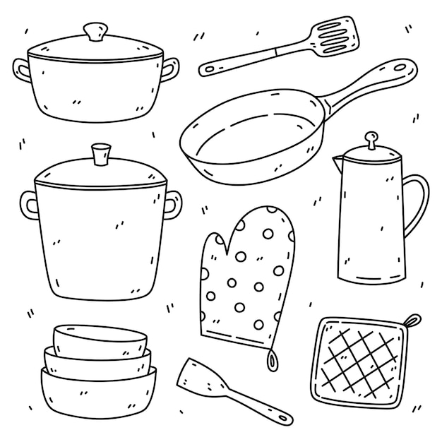 Doodle conjunto de utensílios de cozinha panelas frigideira espátulas pratos luvas de forno e outros