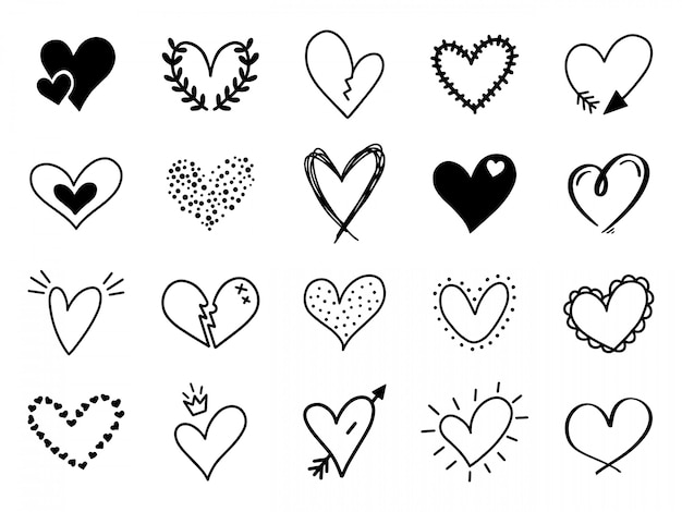 Doodle coração de amor. amor bonito mão desenhada esboçou corações, doodle forma de coração dia dos namorados, elementos de desenho para cartões e conjunto de ícones de dia dos namorados. símbolos românticos