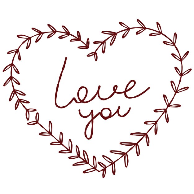 Vetor doodle coração desenhado à mão com moldura vermelha com folhas dia dos namorados para casamento isolado eu te amo