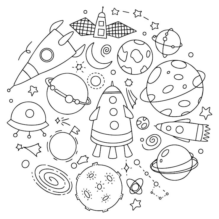 Vetor doodle cosmos ilustração conjunto, elementos de design para quaisquer fins. mão-extraídas nave espacial abstrata, planetas, estrelas e ufo.