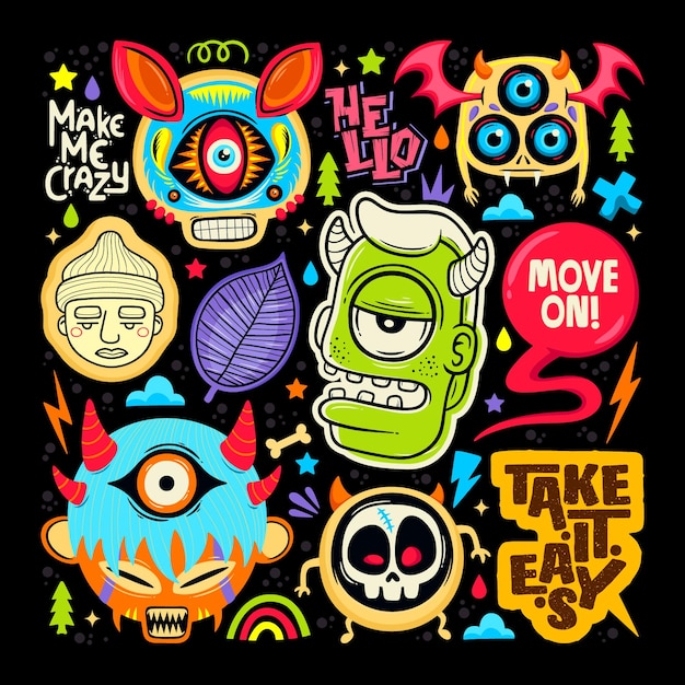 Doodle cute monster sticker icons hand drawn coloring vector