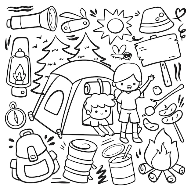 Doodle de acampamento desenhado à mão