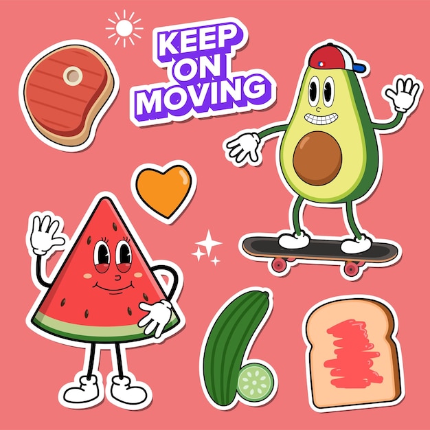 Vetor doodle de adesivo colorido, adesivo divertido, doodle saudável, ícone de frutas e legumes, adesivo vintage