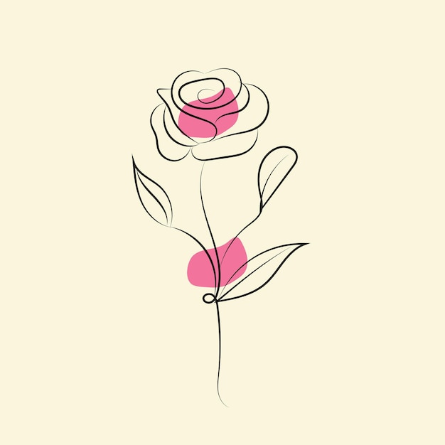 Vetor doodle de arte em linha de flor rosa isolada com elemento de folhas